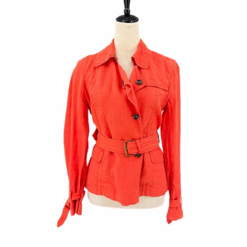 Talbots Orange Irish Linen Trench Coat Lightweight Casual Belted Office Jacket